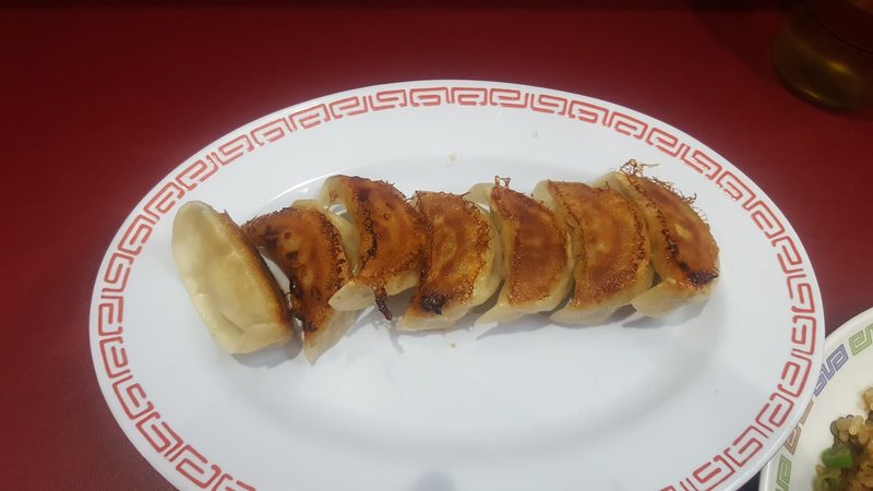 白い皿に並べた焼き餃子